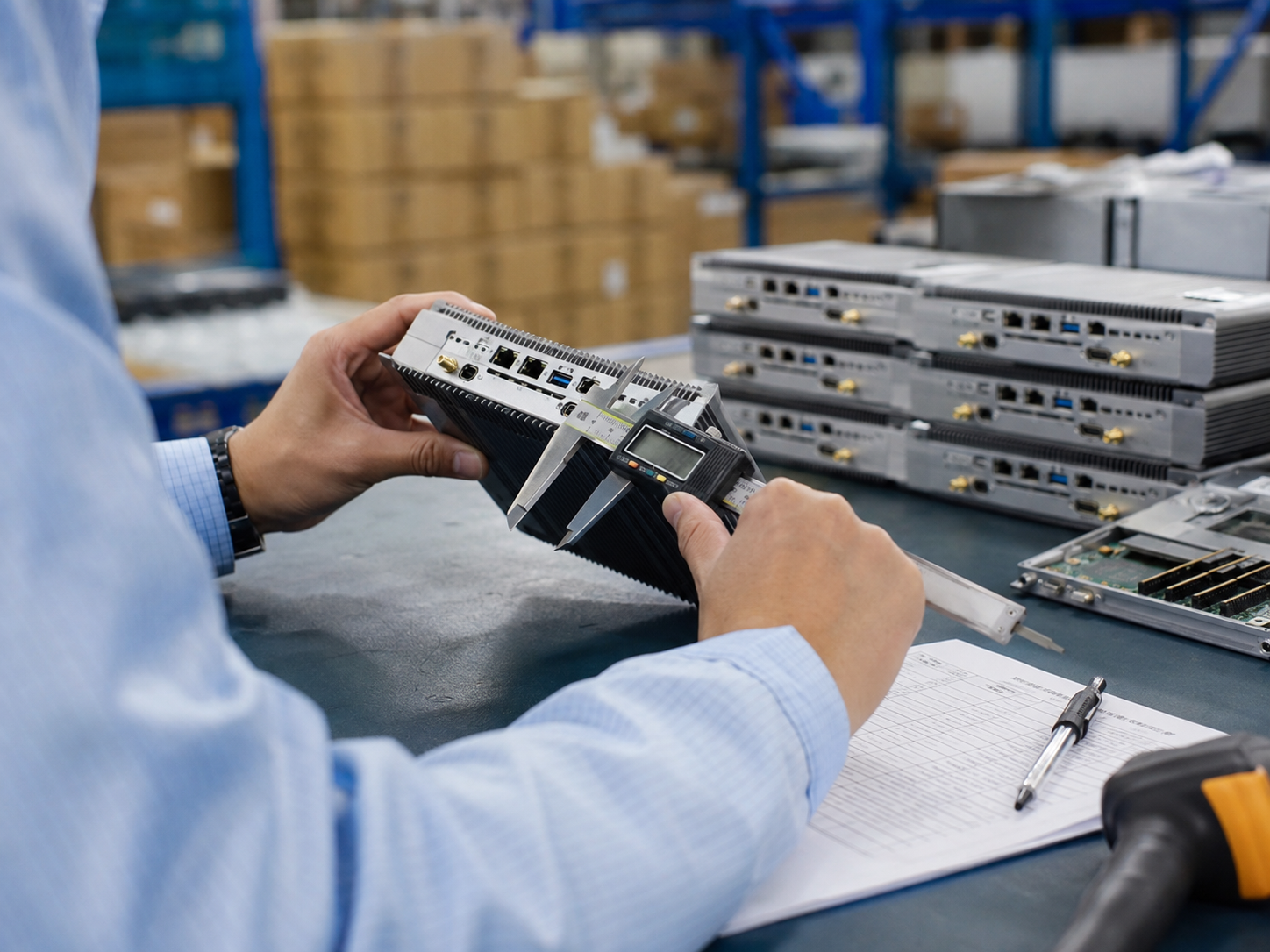 Quality-control inspection of computer hardware in a Shenzhen warehouse